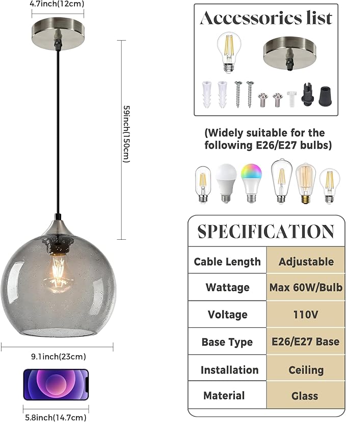 9.1in Large Light Gray Glass Pendant Light for Kitchen Island, 3-Pack with Extra LED Bulbs & 4.92ft Adjustable Cord | Modern Minimalist Lighting for Dining Room, Living Room, Entryway