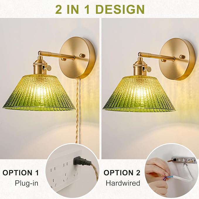 Plug in Wall Sconce, Vintage Sconce Light with Gradient Green Glass Lampshade, Bedside Wall Sconce with Switch and Plug in Wall Lamp Cord, Gold Wall Light for Bedroom