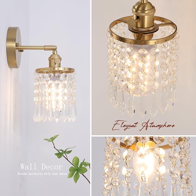 Shenmoyl Crystal Battery Operated Wall Sconce, Rechargeable Battery Powered Wall Lamp with Remote Control, Modern Dimmable Wireless Wall Lights Fixture for Bedroom Bathroom(Transparent, Gold Base)