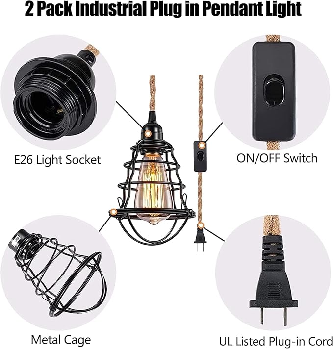 Asnxcju Industrial Plug in Pendant Light, Vintage Hanging Lights with Plug in Cord, Metal Cage Hanging Lamp with 13ft Hemp Rope Plug in Pendant Lighting Fixture On/Off Switch 2 Pack