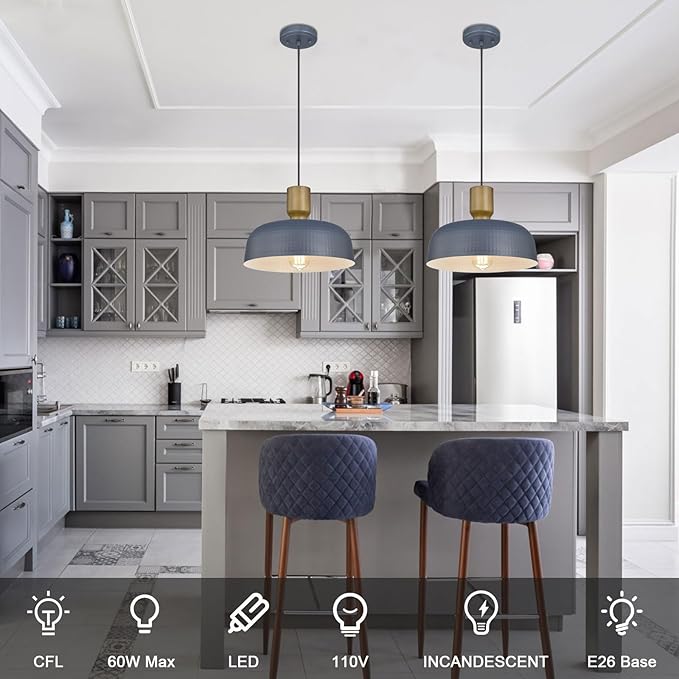 Farmhouse Pendant Lights, 2pcs Adjustable Hanging Light Fixtures with Hammered Metal Shade, 12.4 inch Pendant Lighting for Kitchen Island, Blue