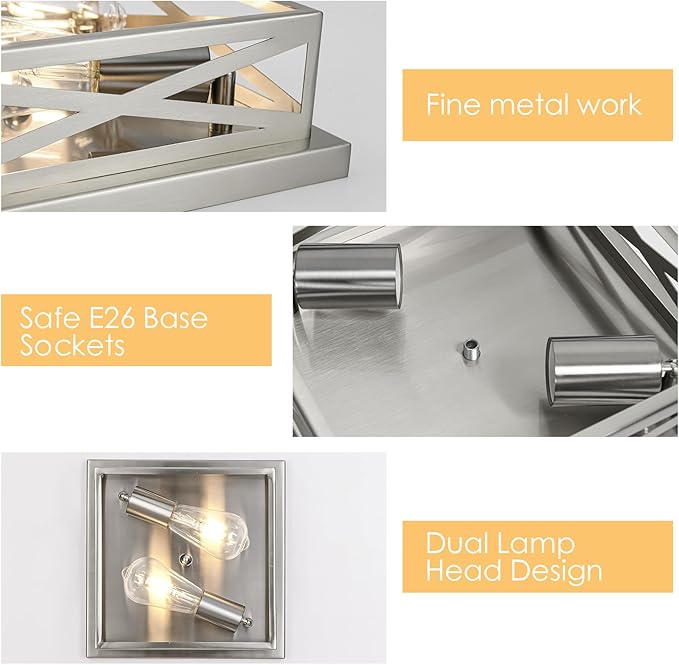 Brushed Nickle Flush Mount Ceiling Light, 2-Pack Close to Ceiling Light Fixtures, 11 Inch Square Cross Cage Indoor Kitchen Ceiling Lights for House Hallway Bedroom Living Room