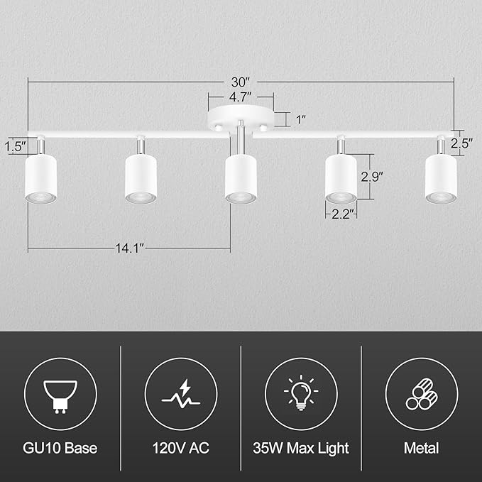Track Lighting, LED Track Lighting Fixtures Ceiling, White Kitchen Lights for Bedroom, 30" Ceiling Spotlight Kit, 5 Light Wall Light with Rotatable Heads, Kitchen Decor(GU10 Socket, NO Bulb)
