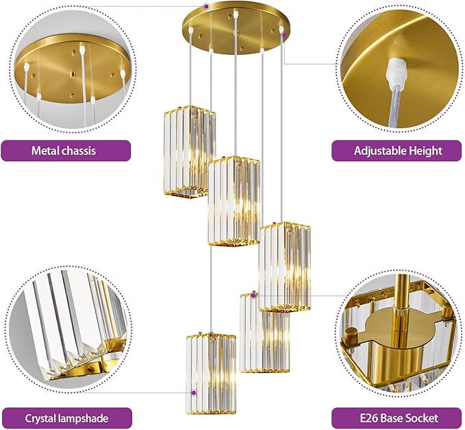 Modern Pendant Light Gold Rectangle Pendant Lighting Mini Crystal Chandeliers Adjustable Pendant Light Fixture for Kitchen Island Dinning Room Living Room Corridor Bedroom(Gold 5-Light)