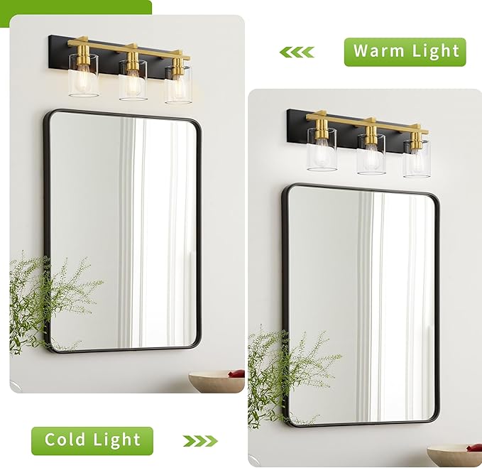 Espird Bathroom Vanity Light,3 Light Matte Black and Gold Light Fixture with Thickened Clear Glass Shade, 21 inch Modern Wall Sconce, Bathrooms Vanity Light Over Mirror for Bathroom