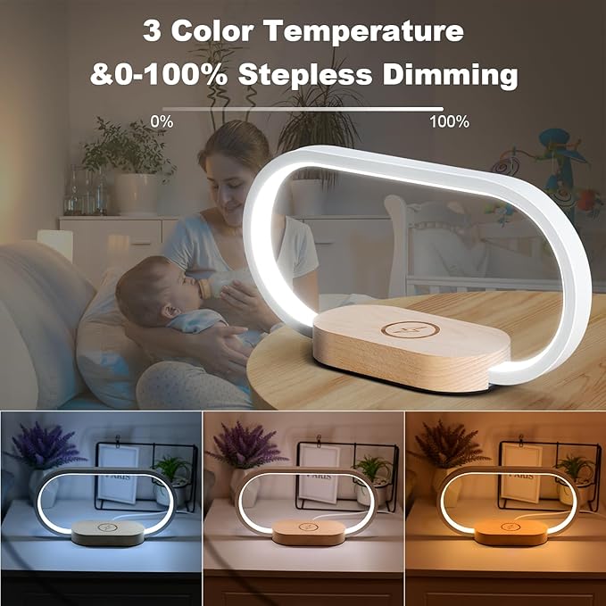 Donewin Wireless Charging Bedside Lamp with USB Charging Port,Premium Wooden Nightstand Light for Bedroom,Nursery Lamp,Touch-Control Desk Lamp,Ideal Gift Choice,Stepless Dimming& 3 Color Temps
