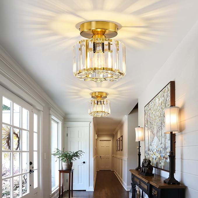 2 Pack Small Crystal Semi Flush Mount Ceiling Light Fixture Modern Gold Mini Round Chandelier Metal E26 Ceiling Lamp for Hallway Bathroom Entryway Kitchen Closet