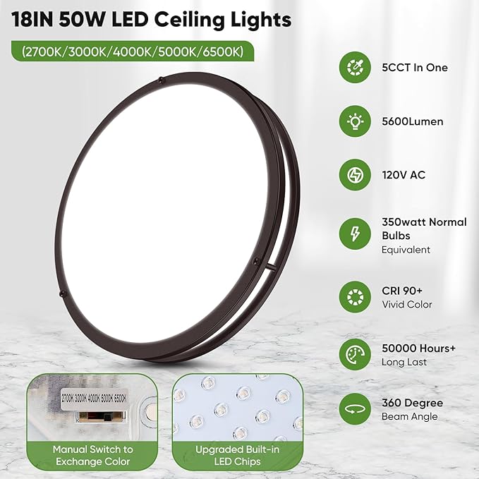 TOBUSA 18inch LED Flush Mount Ceiling Light, 50W 5600lm Bright Dimmable LED Light Fixture, 2700K-6500K Adjusted, Modern Oil-Rubbed Bronze Kitchen Light Fixture Ceiling for Living Room Bedroom, 1-Pack
