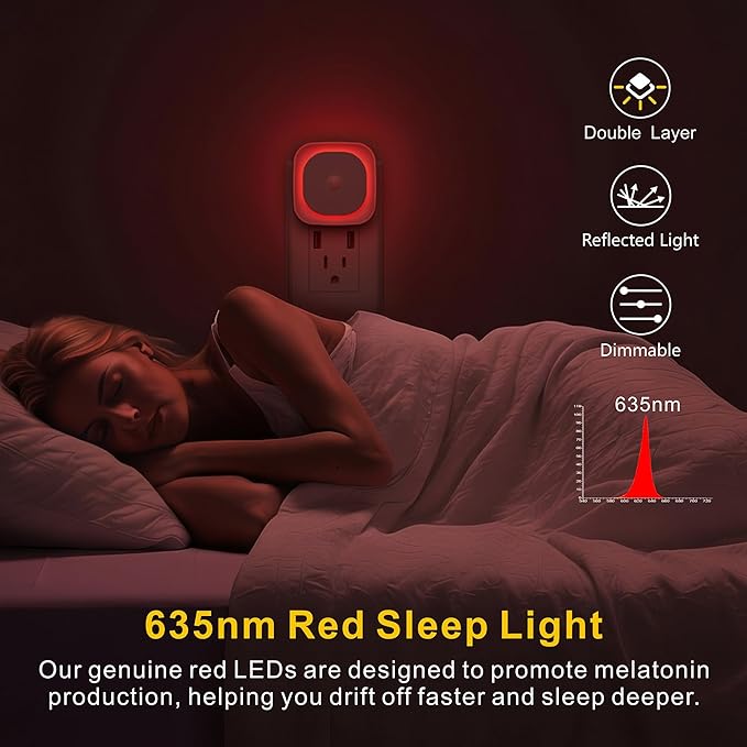 YUNLEX 2 Pack Plug in Red Sleep Night Light with Motion Sensor & Dusk to Dawn Sensor, Soft Glow, 0% Blue Light, Dimmable, Auto On/Off, LED Lights for Bedroom, Kids, Bathroom, Hallway, as Mother Gifts