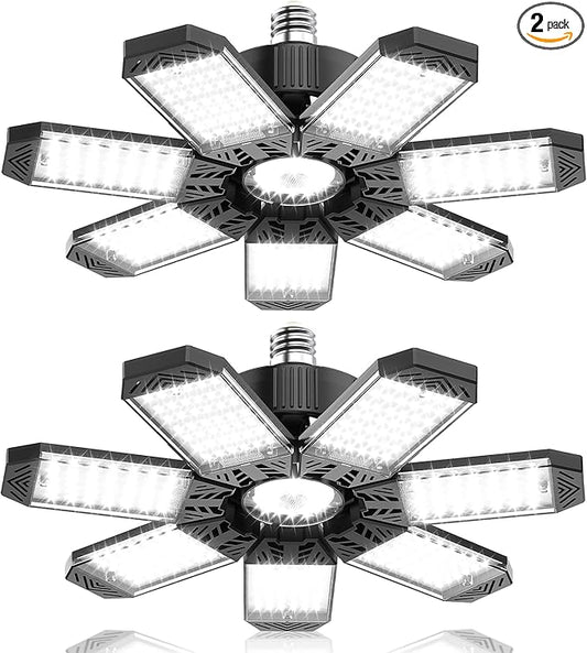 LED Garage Light 200W, 2 Pack 20000LM Bright Garage Lights Ceiling Led with 7 Adjustable Panels, 6500K Shop Lighting Screw in E26/E27 Bulb Socket, LED Lights for Shop Barn Basement Bay
