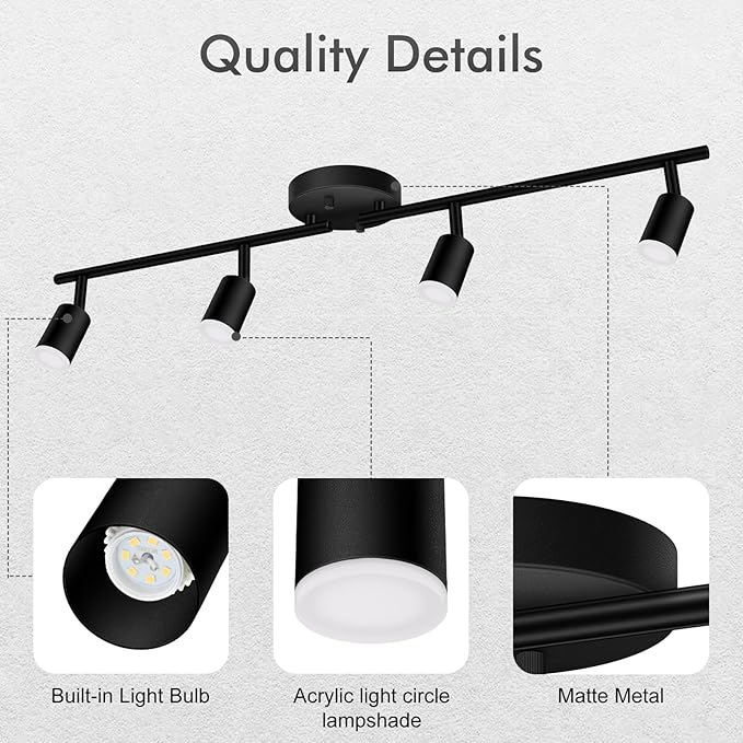 AUQUEE 4 Light Track Lighting Fixtures Ceiling, 16W/2700K Black Track Lighting with Acrylic Lampshade & Rotatable Light Heads, 20000hrs Lifespan, Modern LED Track Lights Ceiling for Kitchen/Hallyway