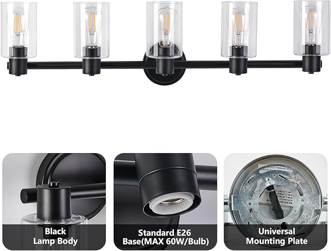 5 Light Bathroom Wall Light Fixtures Black Bathroom Wall Sconce with Clear Glass Lights Over Mirror Vanity Lights E26 Base