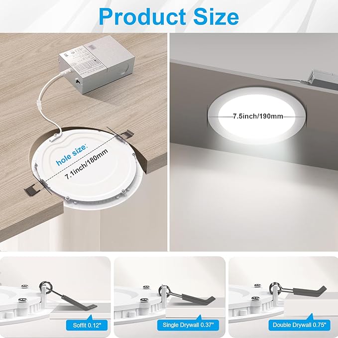Elaruslux 7 Inch 3CCT Ultra-Thin LED Recessed Light with Junction Box, 3000K/4500K/6000K Selectable, 18W Eqv 125W, Dimmable Ceiling Lights 1600LM Brightness Canless Wafer Downlight