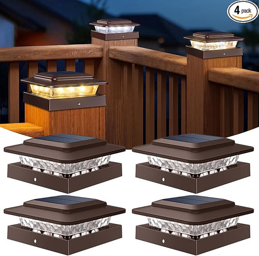 kolpop 4x4 Solar Post Cap Lights Outdoor 4Pack- 3 Color Temperatures&2 Level Brightness, IP65 Waterproof, 16 LED Fence Deck Post Light Solar Powered Only for 4×4/3.5×3.5 Wood/Vinyl Posts(Brown)