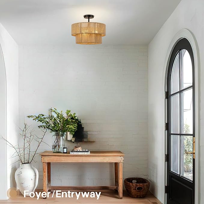 15.7'' Boho Light Fixtures Ceiling Mount, Coastal Hemp rope Semi Flush Mount Ceiling Light Fixture,3-Light Rattan Light Fixtures With 2-Tier Drum Shade, Farmhouse Chandelier Bedroom Ceiling Lamp