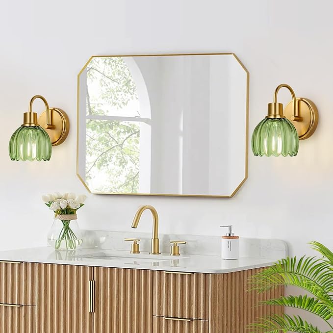 2-Pack Brushed Gold Bathroom Vanity Light, Single-Head Wall Sconce with Ribbed Green Tulip Glass Shade, Vintage Bathroom Light Fixtures for Bedroom, Hallway & Bedside (Bulbs Not Included)