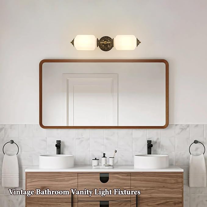 Vintage Milk Glass Bathroom Wall Sconce - 25" Mid Century Dimmable Vanity Light with Bulb - Vertical or Horizontal Mounted Sconces - Modern Brass Gold Lighting Fixture for Indoor Bedroom Hallway Decor