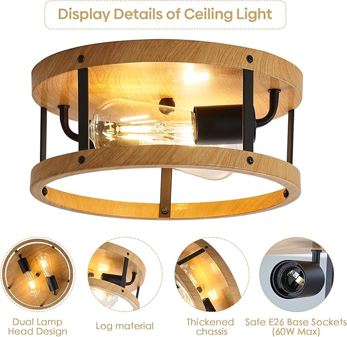 Flush Mount Ceiling Light Fixture, 11inch 2-Light Drum Close to Ceiling Lighting, Rustic Black Metal and Wood E26 Base Hanging Lamp for Hallway Entryway