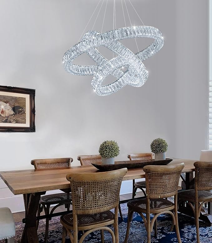HAIXIANG Modern Glam Chandelier Crystal LED Remote Rings Chandelier Adjustable Hanging Ceilings Pendant Lights Fixture Silver 8"+16"+24" Rings Lighting