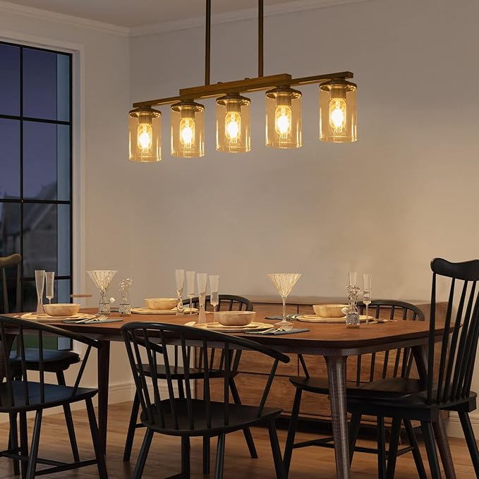 Farmhouse Dining Room Light Fixture, 2026 Upgrade 5-Light Pendant Lights Kitchen Island Lighting, 32.4" Black Farmhouse Chandeliers for Dining Room Chandelier Over Table with Wood Clear Glass Shade