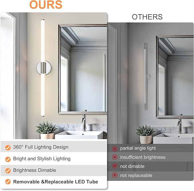 Dimmable LED Bathroom Vanity Lights 360° Full Lighting Bathroom Light Fixtures Over Mirror Vanity Light Bar Modern Wall Sconce 4000K for Bedroom Living Room Hardwired Chrome, 30 inch