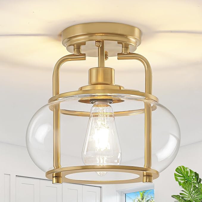 TOULMJ Semi Flush Mount Ceiling Light, Gold Ceiling Light Fixture with Drum Glass Shade, Modern Hallway Light Fixture for Kitchen Dining Room Foyer Entryway Bedroom Laundry Room Bathroom