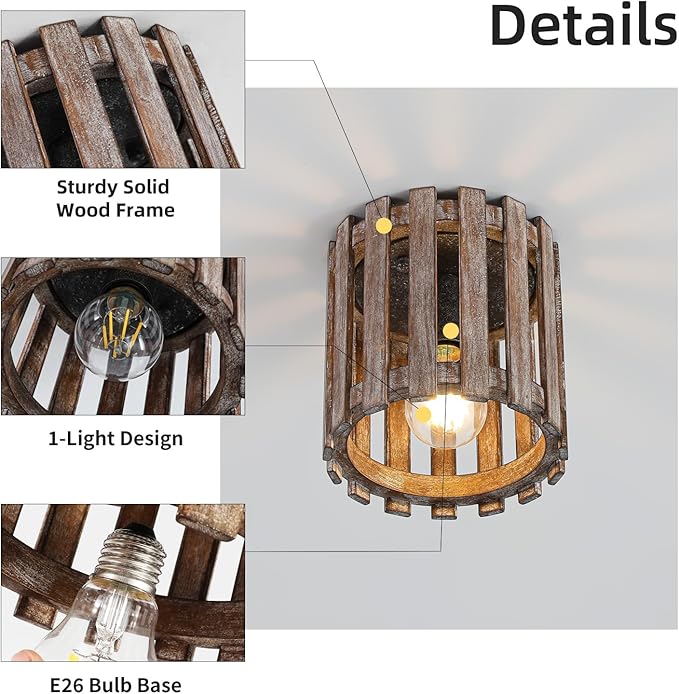 Farmhouse Flush Mount Ceiling Light, Wood Close to Ceiling Light, Rustic Hallway Light Fixtures for Kitchen, Dining Room, Living Room, Entryway