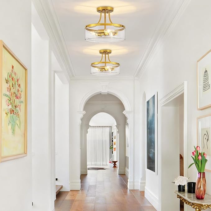 11.81" Brushed Gold Semi Flush Mount Ceiling Light Modern Glass Entryway Light Fixture Hallway Light Fixtures 3-Light Drum Ceiling Lamp for Bedroom Kitchen Island Dining Room Laundry Room Lighting