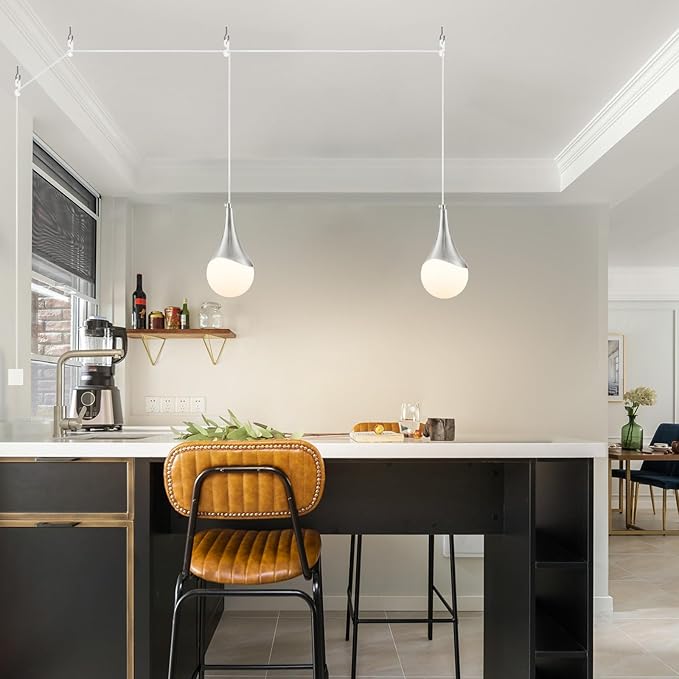 MWZ Brushed Nickel Plug in Pendant Light,Hanging Lights with On/Off Switch Cord,Mini Silver Pendant Lights for Kitchen Island,1-Light Modern Raindrop Chandelier Lamps with White Globe Glass Shade