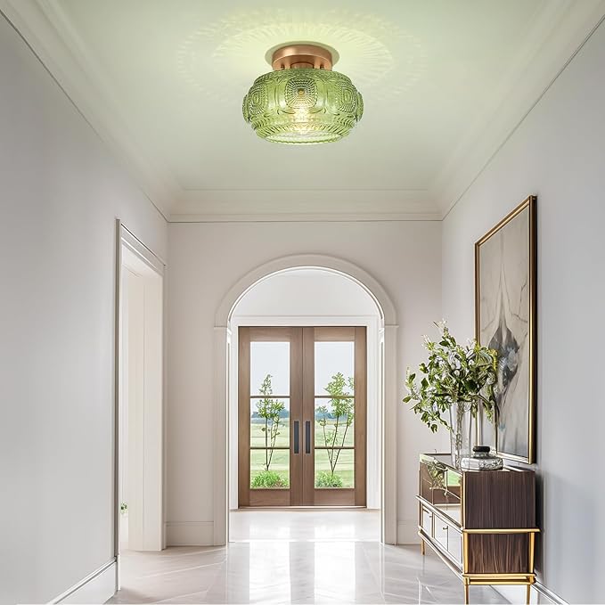Semi Flush Mount Ceiling Light, Green Globe Glass Ceiling Light Fixture, Art Deco Kitchen Lighting fixtures Ceiling for Hallway Porch Corridor Bedroom, Bulb Not Included