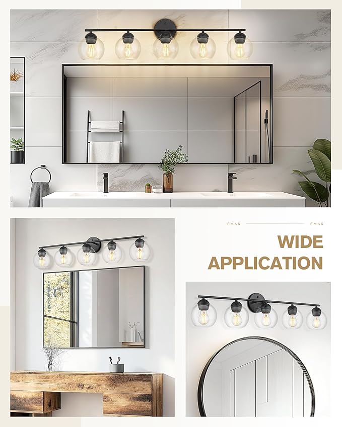 Emak 37 Inch Black Bathroom Light Fixtures Over Mirror, Modern 5-Light Vanity Lights with Clear Glass Shade, Farmhouse Globe Vanity Light for Bathroom, VL114-BK-CG-5