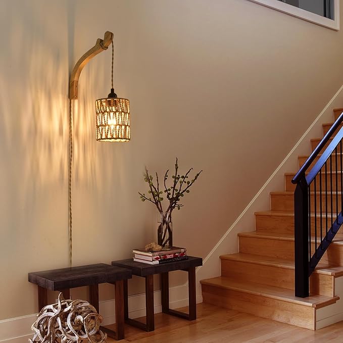 Plug in Wall Sconce,Farmhouse Wicker Wall Lamp Plug in,Hand Woven Rattan Wall Light Farmhouse Rustic Boho Sconces Wall Lighting for Living Room Bedroom