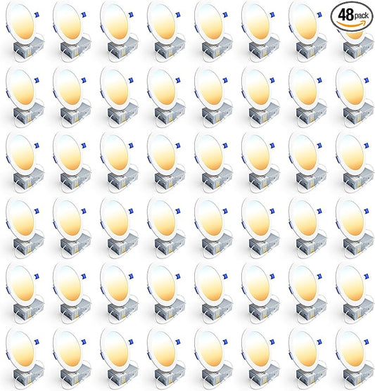 Ensenior 48 Pack 6 Inch LED Recessed Light, Dimmable, 2700K-5000K 5CCT, 1200LM High Brightness, 12W 120V, Damp Rated, Ultra-Thin Canless Wafer Ceiling Light - ETL & FCC & IC