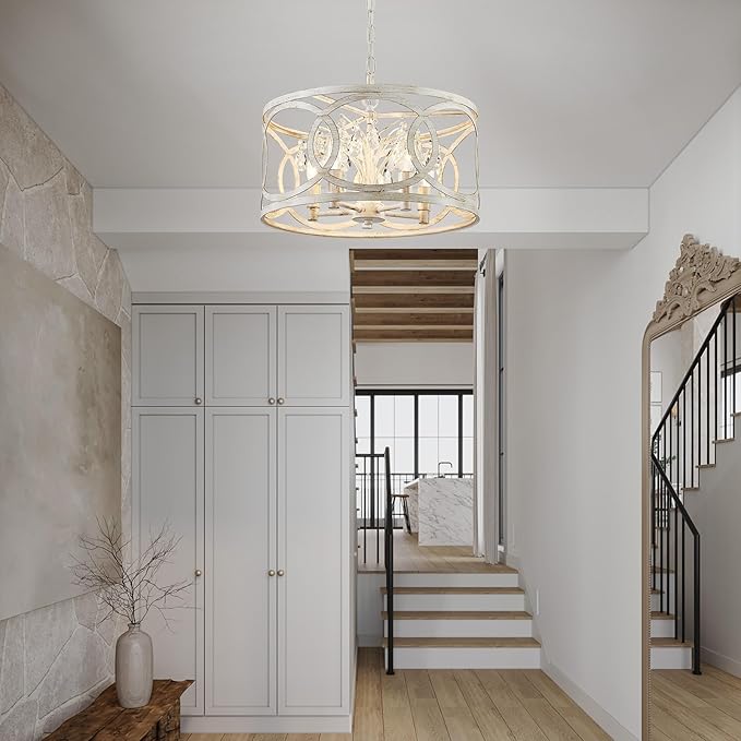WUZUPS Crystal Chandelier 5-Light Vintage Farmhouse Pendant Ceiling Light Lighting Fixture for Foyer Diningroom Bedroom Hallway Storage Kitchen Bathroom, H 8.3" W 16.1", E12 Base, Antique White