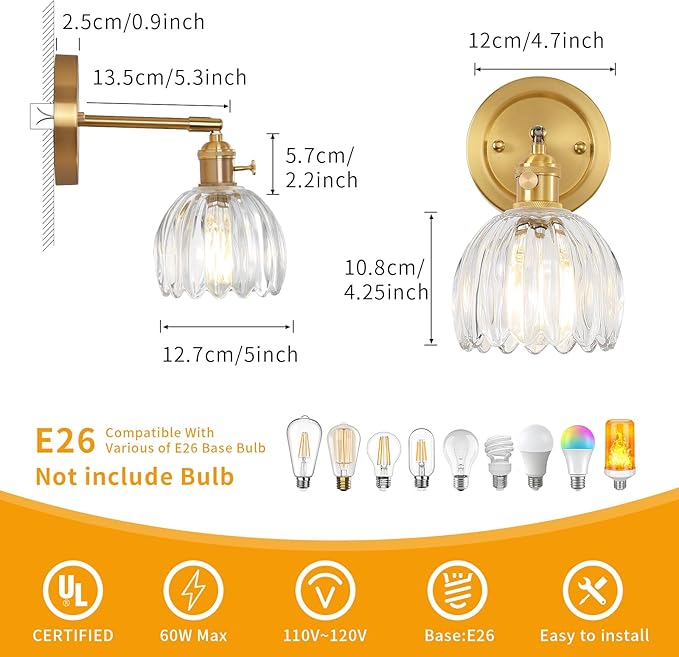 Tulip Glass Lampshade 180 Degree Adjustable Brass Sconces Hradwired Modern Wall Lighting Fixture with Switch for Bedside Bedroom Doorway