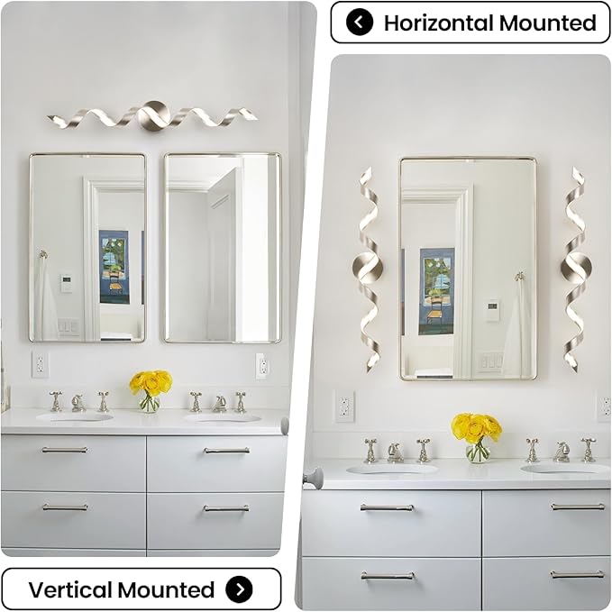 LED Modern Bathroom Vanity Light Fixtures, 31 inch Brushed Nickel Wall Lamp Bedroom 4000K, Spiral Design Wall Sconce for Mirror, Living Room, Bedroom, Hallway 20W