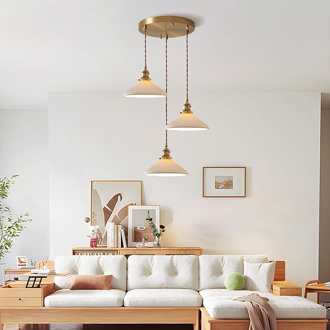 3 Light Pendant Lighting Brushed Gold Cluster Pendant Light Fixture Milk Glass Chandelier Modern Mid Century White Ceramic Cluster Hanging Pendant Lights Kitchen Island for Bedroom MPL16D-3R