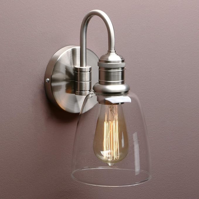 Yosoan 1-Light Brass Modern Vintage Indoor Wall Sconce, Vanity Single Luxury Hardwired Retro Textured Clear Oval Cone Glass Shade with Industrial Curved Rod Bathroom Lamp(Brushed)