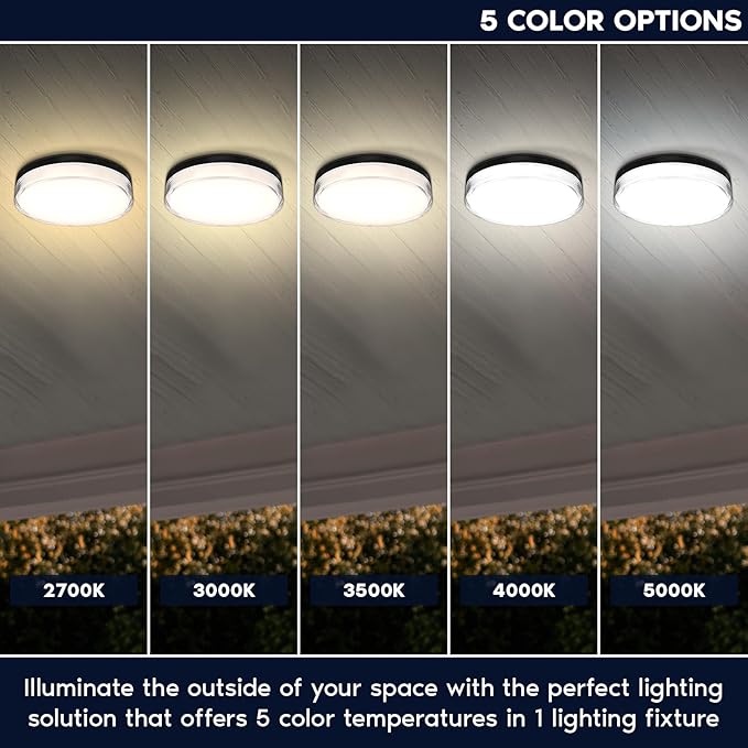 LUXRITE Slim 7 Inch LED Outdoor Flush Mount Light, 15W, 1000LM, 5CCT 2700K 3000K 3500K 4000K 5000K, Dimmable LED Ceiling Light, IP65 Waterproof, ETL Listed, Indoor Outdoor - Black