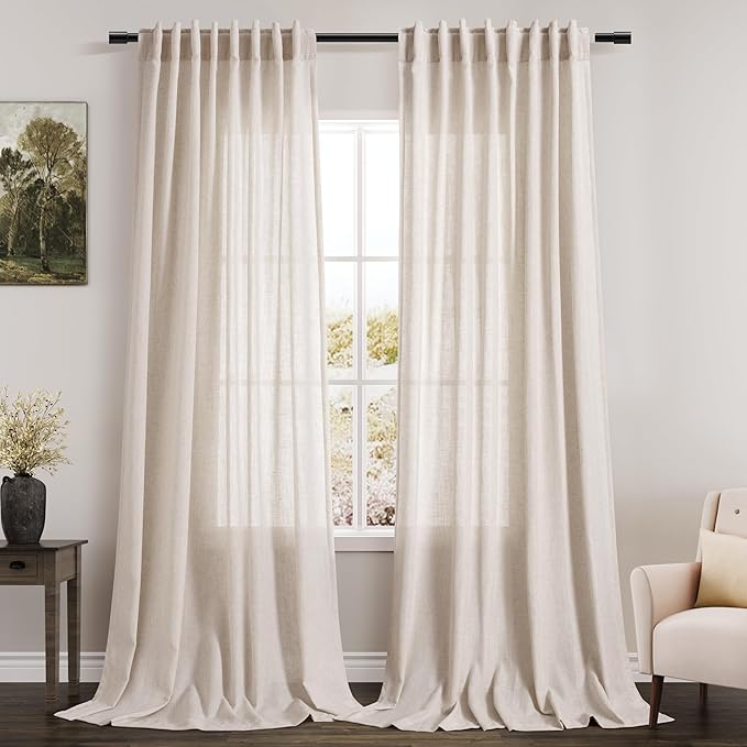 Beige Linen Light Filtering Curtains 96 Inches Long 2 Panels Long Semi Sheer Linen Blended Window Curtains Back Tab Rod Pocket Natural Linen Rustic Farmhouse Drapes for Living Room Bedroom 60x96