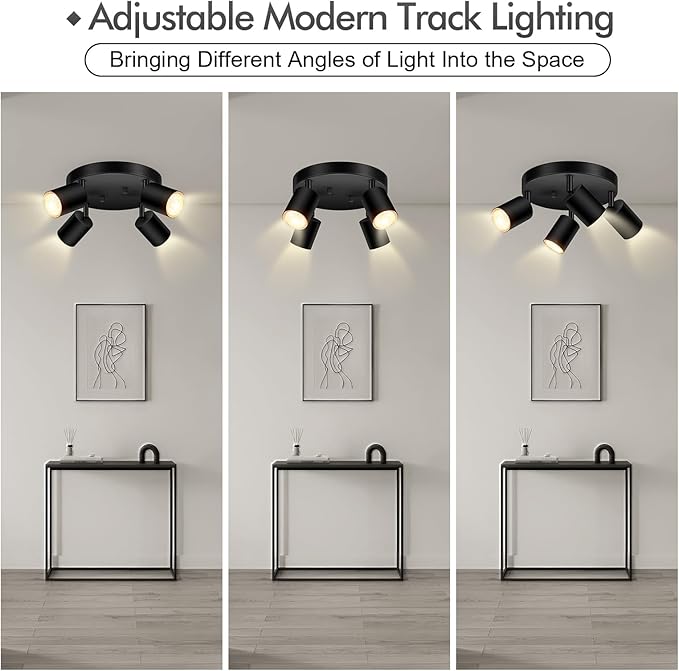 4 Light Track Lighting Fixtures Ceiling, Matte Black Round Directional Ceiling Spotlight, GU10 Flush Mount Track Fixture, Adjustable Modern LED Track Lights for Kitchen/Living Room, Bulb Not Included