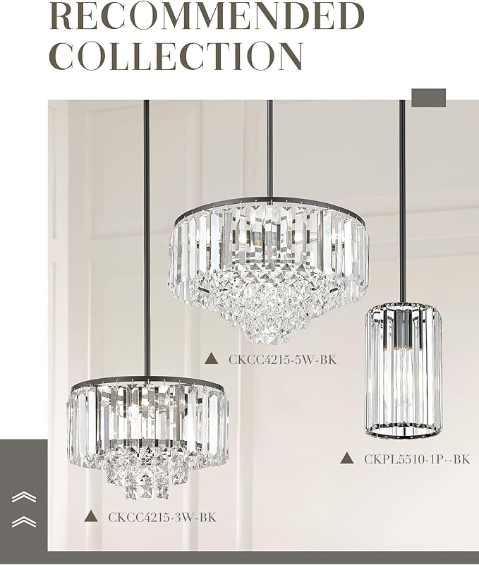 Crystal Pendant Light, Mini Chandelier with Matte Black Finish, Modern Hanging Light Fixture for Kitchen Dining Room Bedroom, CKPL5510-1P-BK