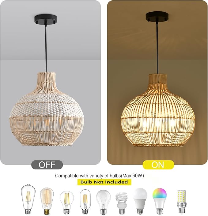 15" Rattan Pendant Light Fixture,3-Light Hand-Woven White Wicker Basket Chandelier Boho Faux Rattan Hanging Lamp,for Dining Living Bedroom Kitchen1-Pack