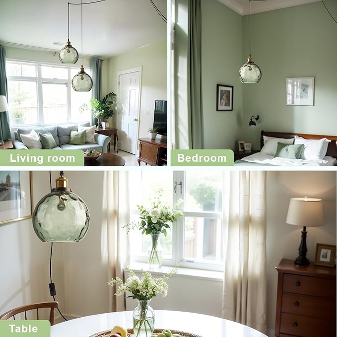 Green Plug in Glass Pendant Light Mid Century Modern Pendant Light Chandelier Ceiling Light Fixtures with Globe Shade, Plug in Hanging Light for Bedroom Living Room Dining Room