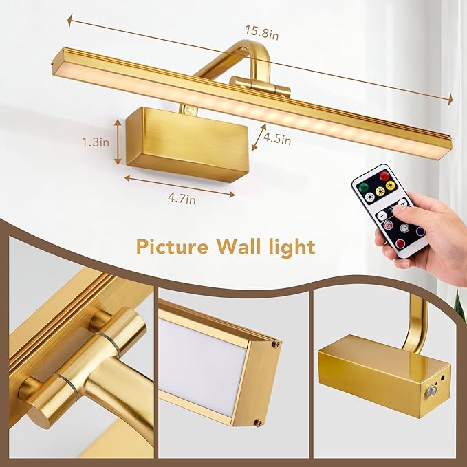 RAIFOOLLY Picture Light, 16inch Picture Lights for Wall Cordless with Timer and Dimmable, 5000mAh Battery Wall Lights for Display Gallery Painting Art Frame Portrait-Brass
