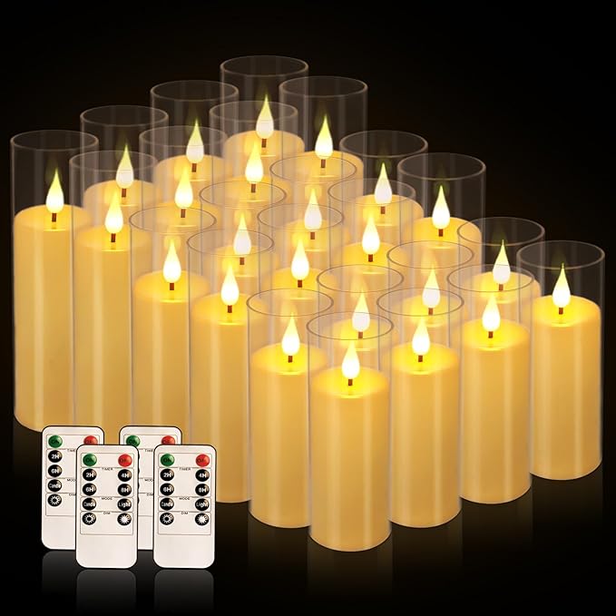 fclayvts 24 Packs of Acrylic LED Candles, Flickering Flameless Candles Battery Operated with Remote Dimmed and Timed, 3D Wick Candles for Home Decor,Wedding,Gift，Parties and Festivals. (3 Size)