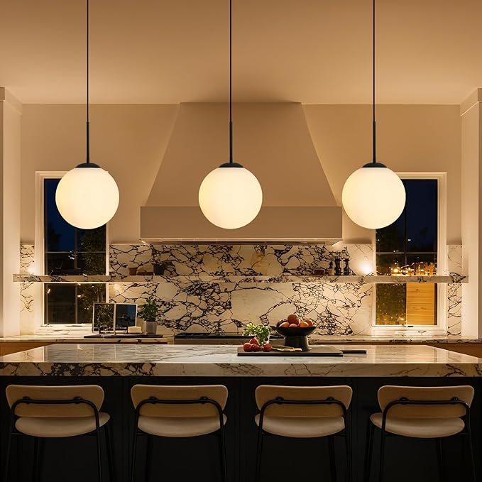 10” Plug in Globe Pendant Light Mid Century Modern Milk White Glass Globe Chandelier with 14.75ft Plug with Dimmable Switch for Bedroom Dining Room Kitchen Island, Black