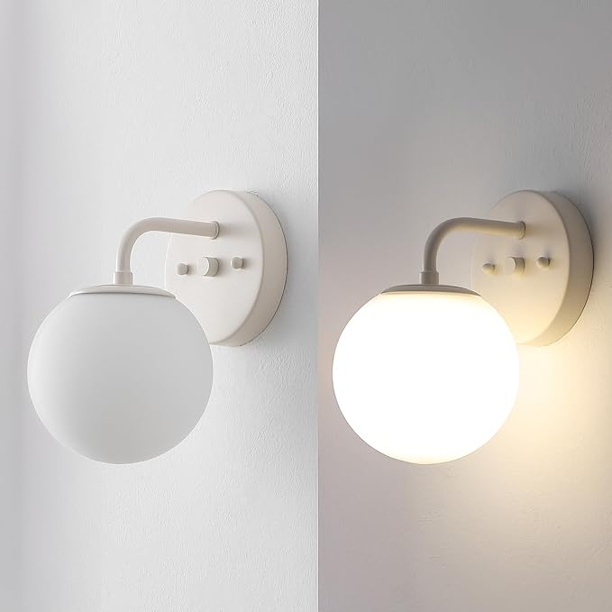 JONATHAN Y 5.75" Almond Modern Globe Wall Sconce Vanity Light for Bathroom, White 1-Light Frosted Glass Shade, Midcentury Parisian Bistro Wall Lamp, LED Bulb Included (JYL3534C)