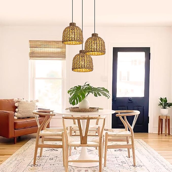 Mini Rattan Pendant Light Fixtures,9.06" Boho Pendant Light,3-Pack Hand Woven Seagrass Rattan Chandelier for Dining Living Bedroom Kitchen Farmhouse