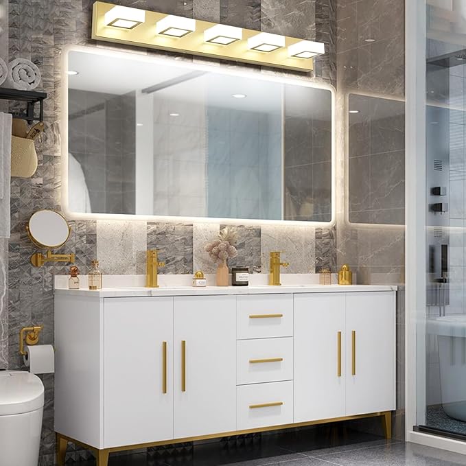 Ralbay Modern LED Gold Bathroom Vanity Lights 5 Lights LED Modern Gold Vanity Lights Over Mirror Fixture Acrylic Gold Vanity Wall Light (White Light 6000K), 33.5 inch, 8590-gold-silver